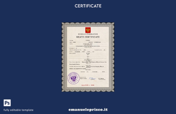 modello PSD del certificato di morte del documento di stato civile russo in stil